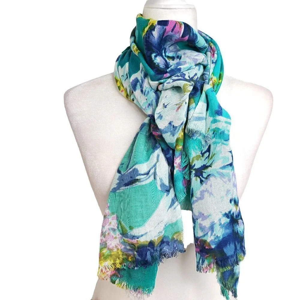 Women's Teal Yellow Watercolor Raw Hem Scarf Wrap 22x72